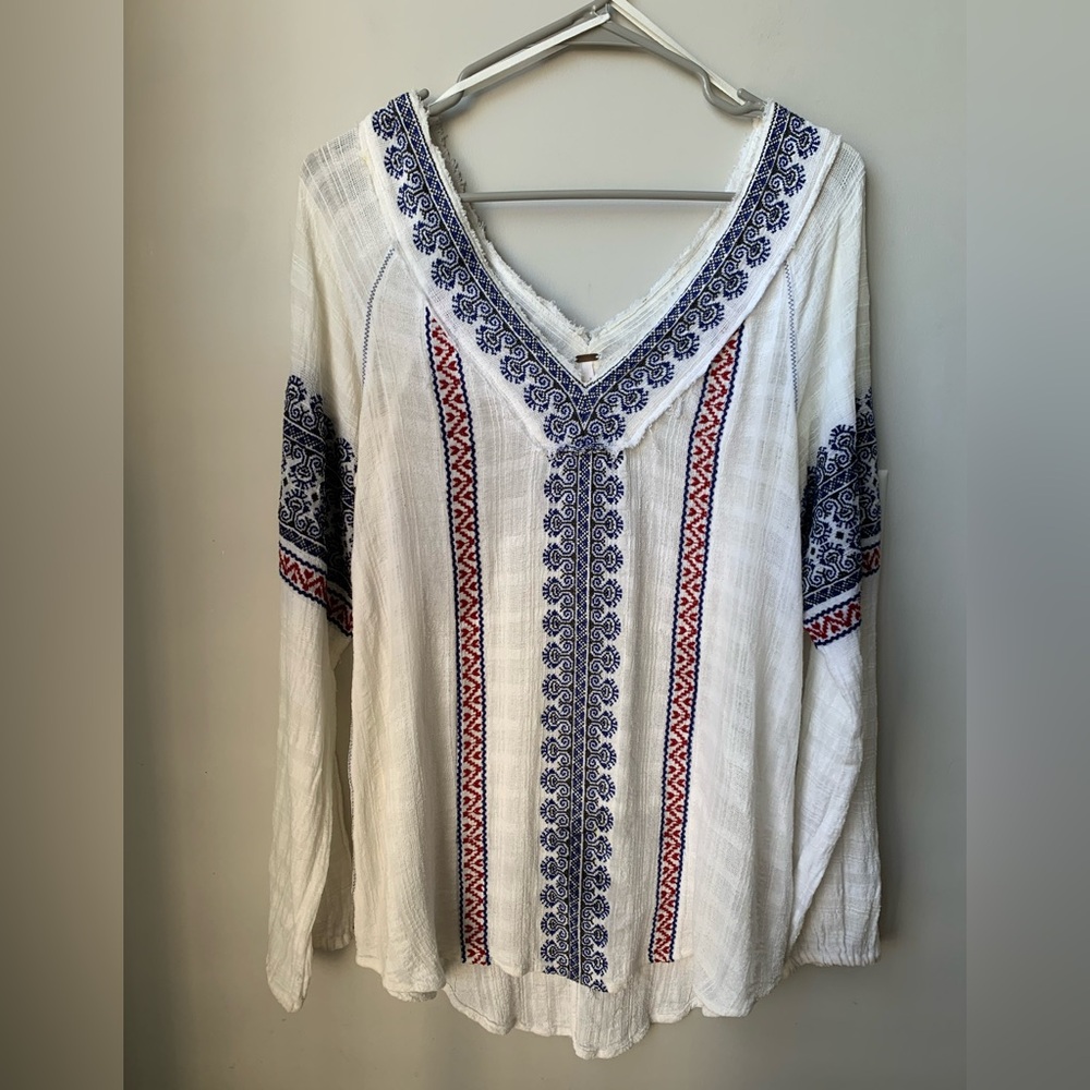FREE PEOPLE Women’s Deep V-Neck Cream w/ Blue and Red Embroidered Gauze Blouse - Picture 5 of 9